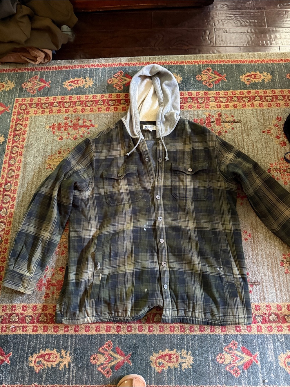 Duluth Trading Company Hooded Flannel Shirt Jacket - Olive Green
